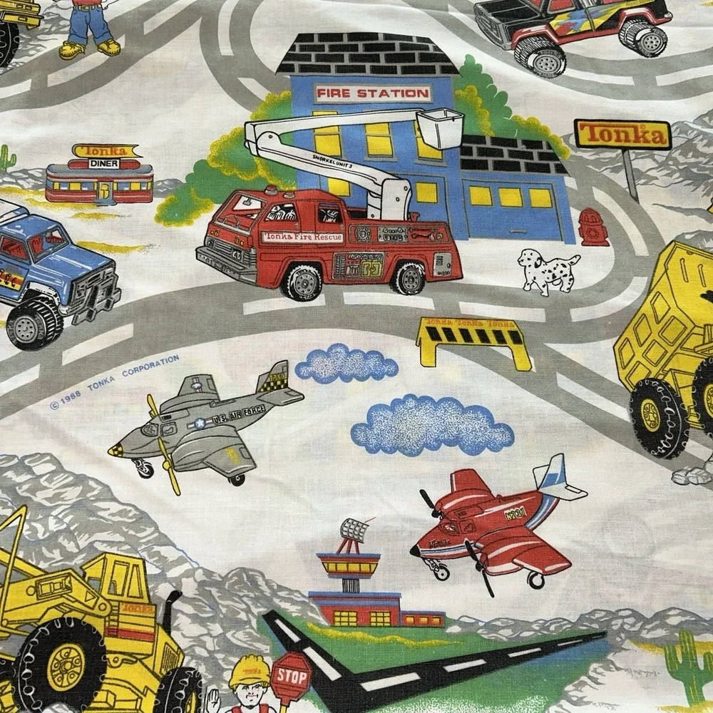 Vintage Tonka Truck Flat And Fitted Sheet Set Construction Planes Fire trucks
